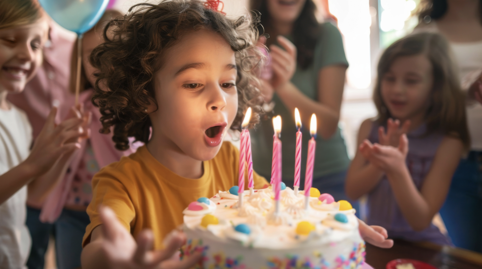 Child blowing out birthday candles on a cake, surrounded by smiling friends and family